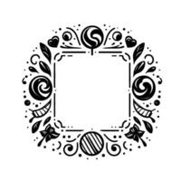 Intricate black white circular frame design, featuring floral, swirls, dots, hearts, and lollipop elements surrounding an empty square. vector
