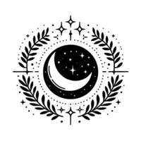 Celestial emblem crescent moon within a starry orb encircled by a decorative leafy wreath and stylized star accents in a minimalist, black and white design. vector