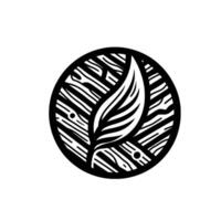 Minimalist black and white of a leaf inside a circle with woodgrain and dot accents. vector