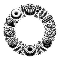 Black and white illustration of a wreath composed of various baked goods, sweets, and floral elements, creating a circular design. vector