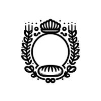 A regal, minimalist bakery emblem featuring a crown, wheat stalks, and a loaf of bread within a circular frame, rendered in elegant black and white. vector