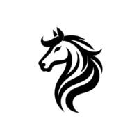 Elegant black and white stylized horse head with flowing mane and subtle details set against a stark white backdrop. vector