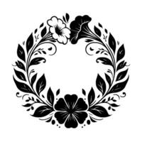 Elegant black and white floral wreath with intricate leaf details, ideal for ornamental applications, isolated on a white background. vector