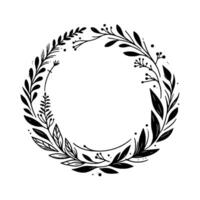 Elegant black and white botanical wreath illustration, circular frame with leaves and berries for weddings, invitations and rustic designs. vector