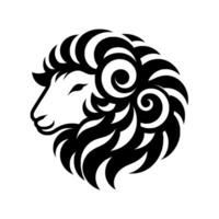 Bold black and white illustration of a rams head in profile, featuring curly horns and textured hair, isolated on white. vector