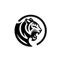 Bold black and white stylized tiger head within a circle, featuring a fierce expression and detailed stripes. vector