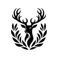 Black and white stag head crest with elegant antlers, framed by a laurel wreath, modern design. vector