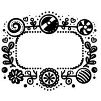 Ornate black white decorative frame with floral, geometric, and swirl elements surrounding a central empty rectangle. vector