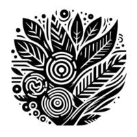 Bold, black and white geometric floral design concentric circles, leaf patterns in circular composition vector