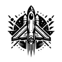 Black and white illustration of a space shuttle taking off with geometric starfield in the background. vector
