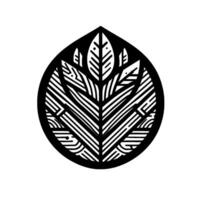 Geometric black and white leaf motif within a teardrop shape on a white backdrop, with shadow. vector