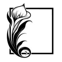 Elegant black and white illustration of a calla lily with curved leaves and square frame, classic design. vector