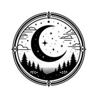 Crescent moon, starry night, and forest silhouette in an ornate circular frame, with decorative embellishments. vector