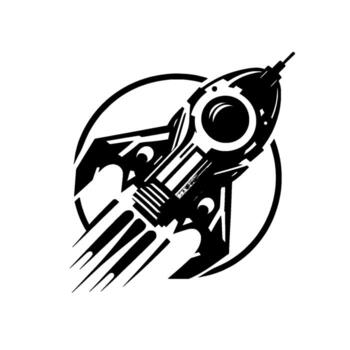 A bold, black and white illustration of a stylized rocket blasting from within a circle, emphasizing speed and futuristic design. vector