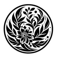 Intricate black and white circular design floral and leafy pattern with geometric elements and dot border. vector