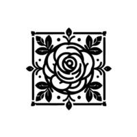 Intricate black and white floral design a stylized rose centered in a square frame with leaf accents. vector
