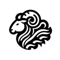 Bold, stylized black and white ram logo, showcasing the animals profile with intricate curly horns and a fluffy, textured coat. vector
