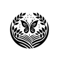 Symbolic black and white round composition featuring a butterfly above fields, encircled by leaves and grain stalks with geometric aesthetics vector