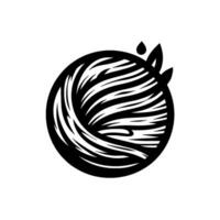 A stylized black and white illustration of a spherical object with swirling lines, a droplet, and leaves. vector