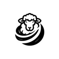 Monochromatic sheep logo minimalist of a sheep encircled by stylized abstract black and white whorl. vector