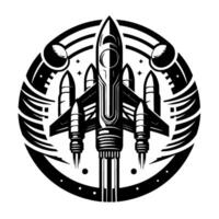 Geometric, blackandwhite, badgestyle illustration of a rocket ship with four booster rockets within a circular frame, set against a starry background. vector