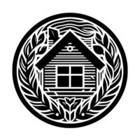 Black and white circular emblem rustic house with horizontal lines, window, and foliage wreath. vector