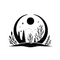 Minimalist black and white illustration forest scene within a crescent moon frame with stars and a full moon vector
