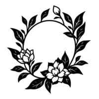 Elegant monochrome floral wreath with magnolia and leaves, forming a circular frame, ideal for decorative elements. vector