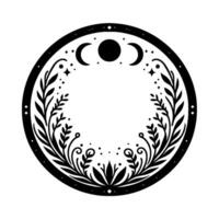 Black and white circular featuring celestial elements moon phases, stars and botanical illustrations, perfect for mystical or magical themes. vector