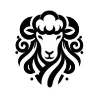 Intricate black and white emblem depicting a stylized sheep head with detailed horns, curly wool, and a symmetrical composition on white background. vector