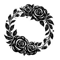 A symmetrical black and white illustration of a floral wreath composed of roses, leaves, and buds, creating a decorative circular against a plain background. vector