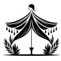 Elegant black and white illustration of a womanshaped canopy with decorative elements, resembling a fusion of classical and botanical design. vector