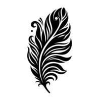 Intricately designed, monochrome feather illustration with detailed, flowing lines, set against a stark white backdrop, highlighting the feathers elegant form. vector
