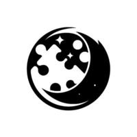 A stylized black and white circular depicting a crescent moon, a jigsaw puzzle piece, stars, and circles on a white background. vector
