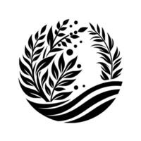 Stylized black and white circular composition featuring lush leafy branches, delicate berries, and fluid wavelike lines. vector