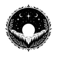 Circular monochrome illustration forest silhouette reflects in tranquil water beneath a starry sky, with moon, crescent moons, and a decorative floral border. vector