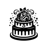 Elegant twotier black and white cake with swirls and berries, decorated with dots, on a round base. vector