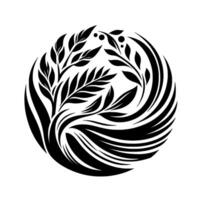 Intricate black and white floral within a circular form, showcasing elegant leaf patterns and swirling elements on a white background. vector