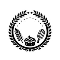 Black and white bakery emblem circular wreath with sprig, cupcake, and whisk, on white. vector