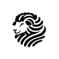 Stylized black and white sheep head, emblem depicting serene expression with bold, curved lines against white backdrop. vector