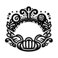 Ornate black and white floral wreath with a central open space, featuring stylized leaves, swirls, and symmetrical elements. vector