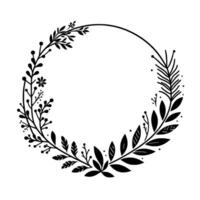 Elegant monochrome botanical wreath with diverse leaf and floral elements framing a central empty circle, perfect for design. vector