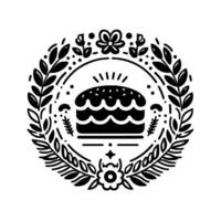Ornate black and white circular featuring a stylized cake encircled by floral and leaf elements, creating a decorative emblem. vector