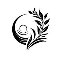 A minimalist monochrome artwork featuring a stylized floral with an orbital shape and foliate elements, creating a balanced symmetrical composition. vector