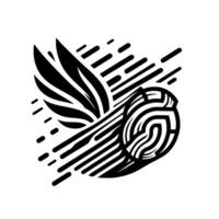 Abstract black and white illustration of a winged orb with diagonal lines and a simplified style. vector