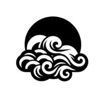 A minimalist, blackandwhite, stylized depiction of waves and a rising sun, creating a dynamic and symbolic design. vector