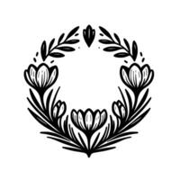 Elegant black and white floral wreath a minimalist botanical illustration featuring stylized crocus flowers and foliage arranged in a circular design, exuding simplicity and natural charm. vector