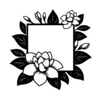 Elegant black and white floral frame with blossoms, leaves, buds, and blank center for text or design, artistic composition. vector