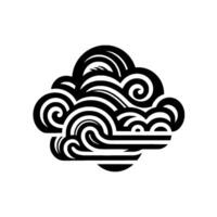 Bold black and white abstract cloud with swirling lines and organic shapes, minimalist artistic rendering. vector