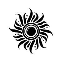 Bold, symmetrical black white sunburst illustration with ornate, flowing rays and central ocular design. vector